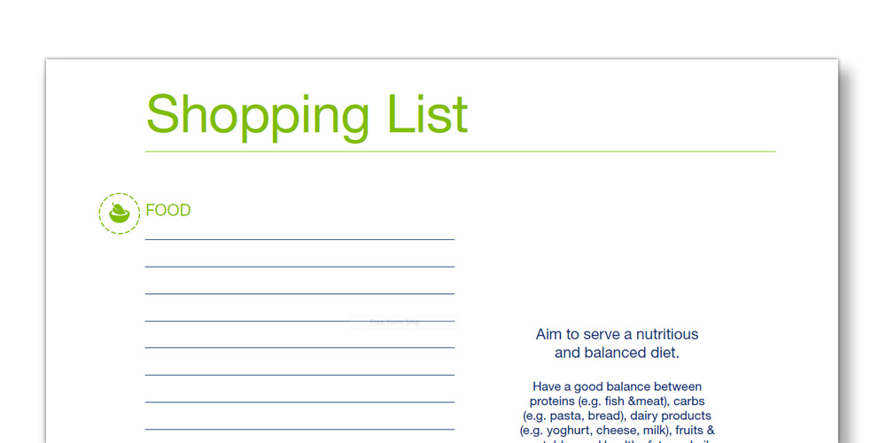 Snap shot of the TENA Family Carer Shopping list template Snap shot of the TENA Family Carer Shopping list template